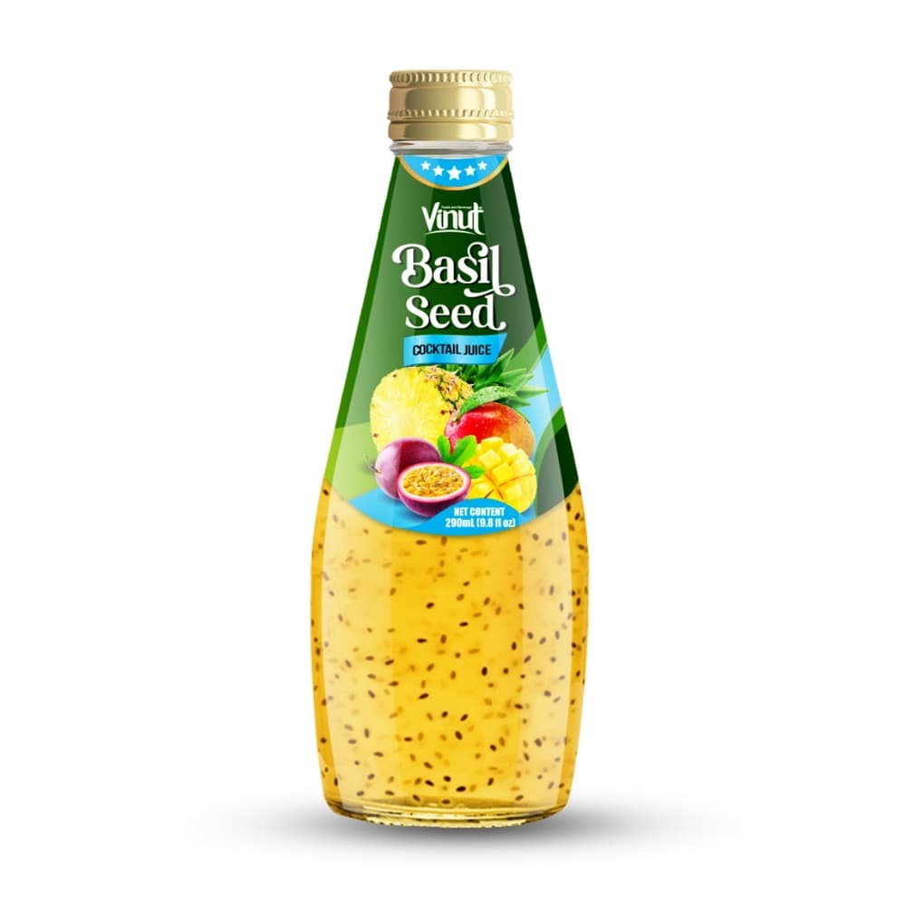 VINUT Bebida com Semente de Manjericão Sabor Coquetel de Frutas, Garrafa de Vidro, 9.8 fl oz (290 mL)