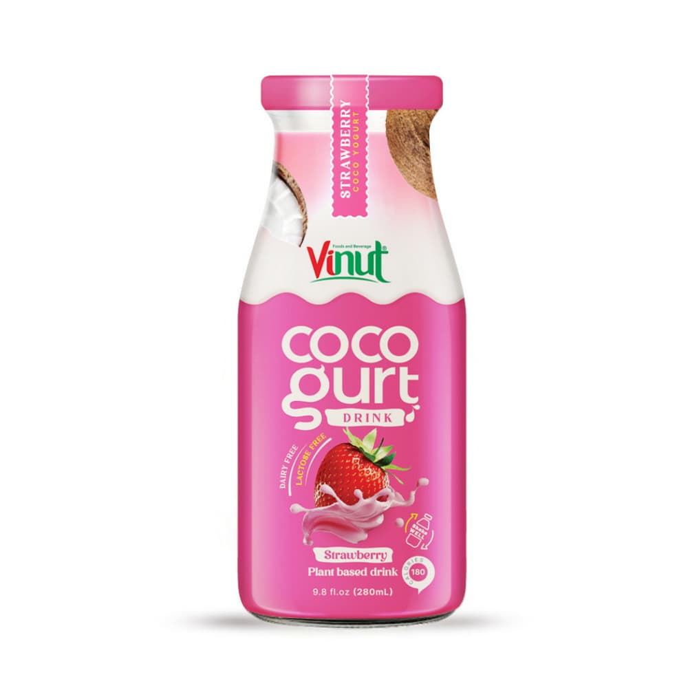VINUT Bebida Cocogurt Sabor Morango, Bebida Vegetal, Garrafa de Vidro 9.8 fl oz 280 mL